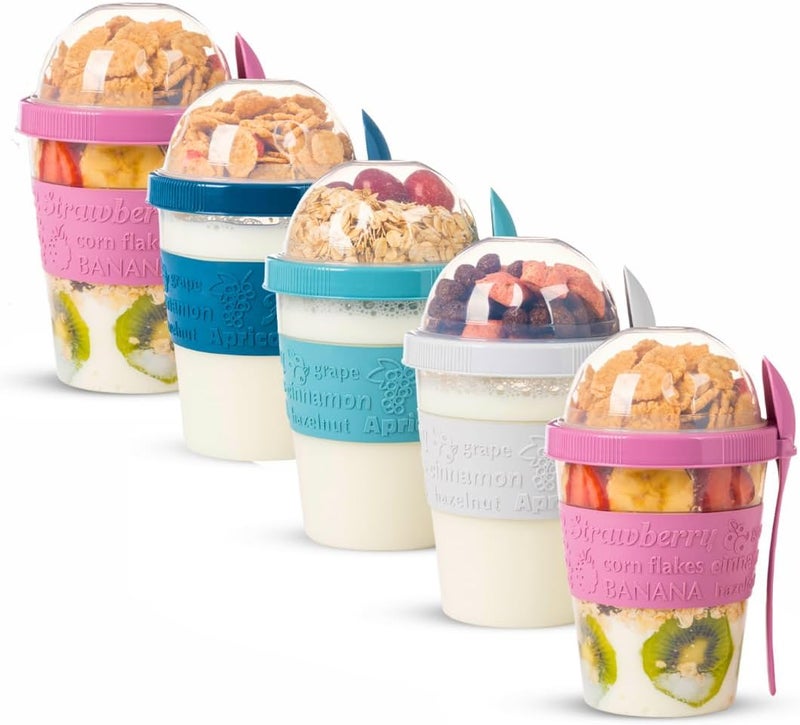 EYNEL 5 Pack On The Go Cereal Yogurt Cups with Lids and Spoon, Overnight Oats Container, Reusable Parfait Plastic Milk Jar Breakfast Crunch Granola Oatmeal Smoothie Snack Prep Bowl - Image 1