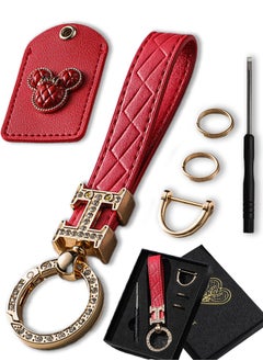 KeyAmor Elegant metal and quilted leather keychain car key holder for adults.Includes a matching AirTag holder.  Stylish keychain with golden crystal-accented rings, perfect for women, featuring 3 key rings for added functionality. Made with elegant red leather, offers 360-degree rotation, and comes in a fancy gift box, making it a perfect gift choice.  - Image 3