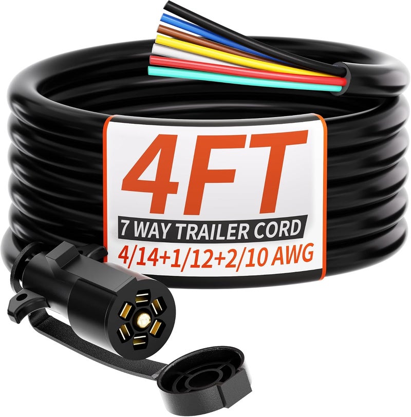 PlugSaf 4FT 7 Way Trailer Plug Heavy Duty 4 FT 4/14+1/12+2/10 AWG 7 Pin Trailer Wiring Harness Cord for Trailers, Campers, Food Trucks, Dining Trucks, Caravans, RVs and Other Towing Vehicles - Image 1