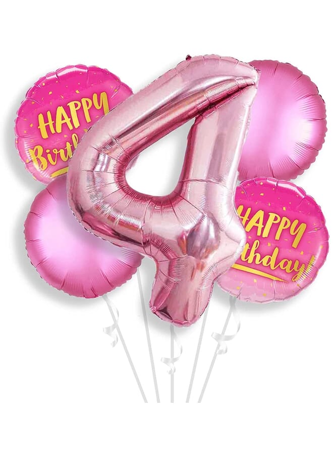 Party Time Number 4 Birthday Party Set Rose Gold Foil Balloons Shiny Happy Birthday Round Foil Balloons And Matte Pink Round Foil Balloons Decorations - Image 2