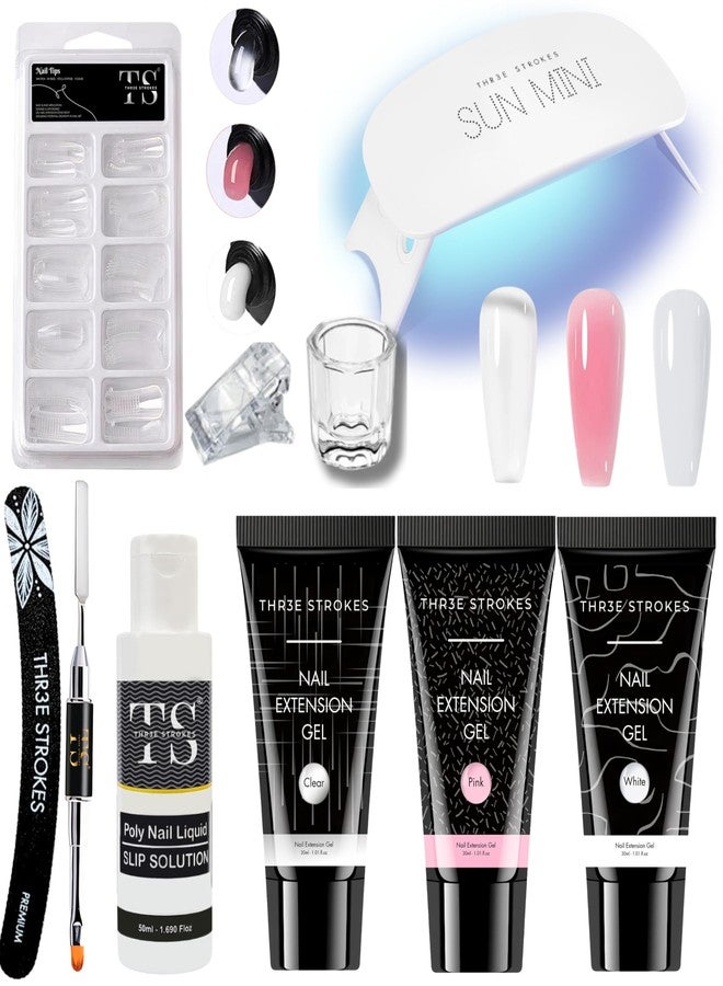 THR3E STROKES Poly Nail Gel Extension Kit for Builder Gel, UV Nail Art Kit, Nail Extension Set, Glue-Free Manicure and Pedicure Set (WFF)(PINK,WHITE,CLEAR) - Image 1