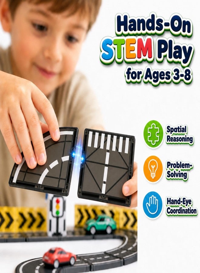 apyr aoma Magnetic Tiles Road Set with Cars, Magnetic Road Building Tiles with 6 Race Cars, Traffic Lights & Road Signs, STEM Construction Toy for Boys Girls Ages 3-5 4-8 5-7, Expansion Magnetic Building - Image 3