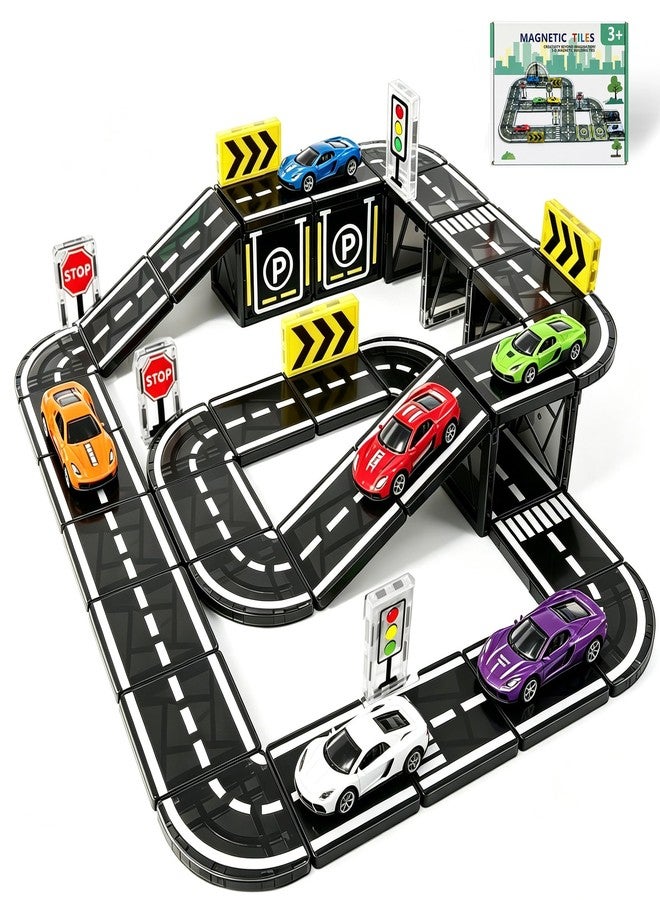 apyr aoma Magnetic Tiles Road Set with Cars, Magnetic Road Building Tiles with 6 Race Cars, Traffic Lights & Road Signs, STEM Construction Toy for Boys Girls Ages 3-5 4-8 5-7, Expansion Magnetic Building - Image 1