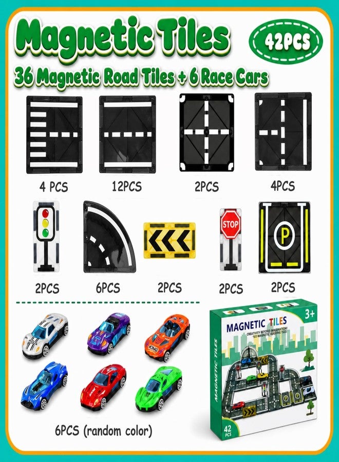 apyr aoma Magnetic Tiles Road Set with Cars, Magnetic Road Building Tiles with 6 Race Cars, Traffic Lights & Road Signs, STEM Construction Toy for Boys Girls Ages 3-5 4-8 5-7, Expansion Magnetic Building - Image 4