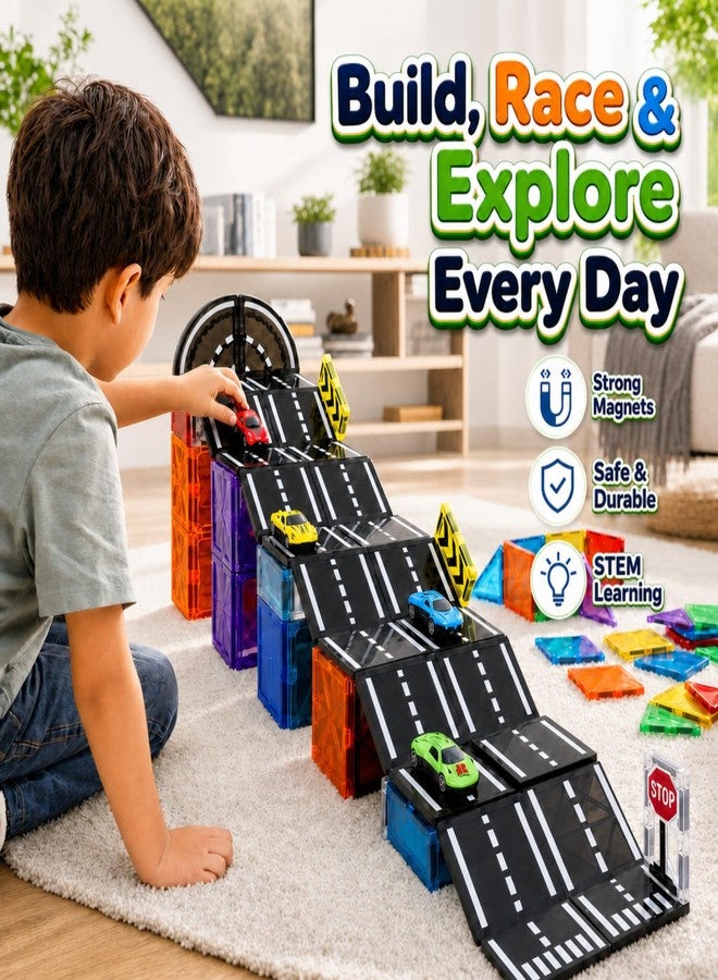 apyr aoma Magnetic Tiles Road Set with Cars, Magnetic Road Building Tiles with 6 Race Cars, Traffic Lights & Road Signs, STEM Construction Toy for Boys Girls Ages 3-5 4-8 5-7, Expansion Magnetic Building - Image 2