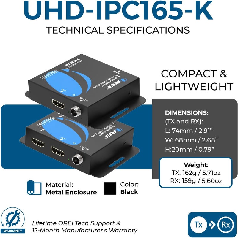 OREI 4K HDMI Extender Balun UltraHD 4K @ 60Hz 4:4:4 Over Single CAT6/7 Cable with HDR & IR Control-Ethernet Cable Up to 165 ft- Loop Out (UHD-IPC165-K) - Image 5