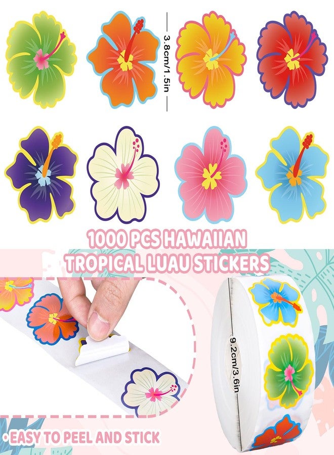 Whaline 1000Pcs Hawaiian Tropical Luau Stickers Summer Hibiscus Sticker Self Adhesive Aloha Floral Stickers Roll Colorful Flowers Label Sticker Decal for Envelope Card Rewards Party Favors, 8 Designs - Image 2