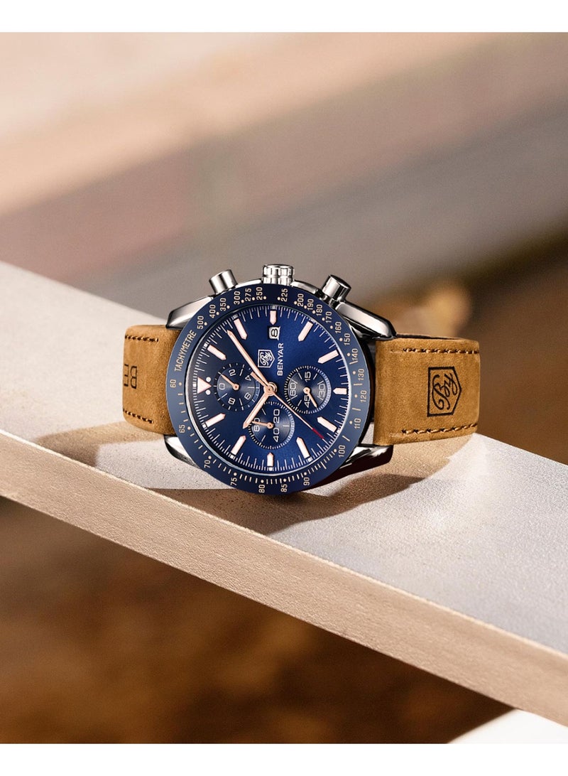 بينيار بواسطة بينيار ساعة للرجال التناظرية الكوارتز كرونوغراف للماء مصمم مضيئ للرجال ساعات المعصم الأعمال الرياضة العادية اللباس ساعة مع حزام السيليكون هدايا أنيقة للرجال - Image 4