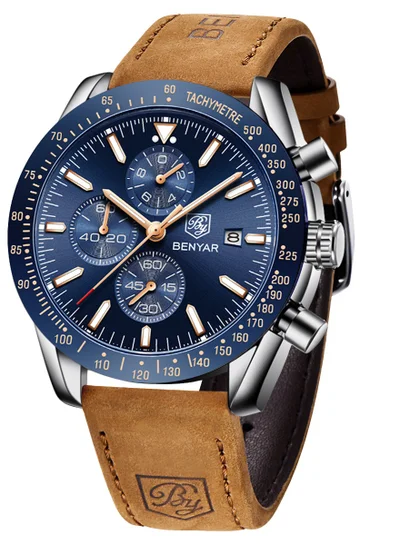 BENYAR BY BENYAR Men's Chronograph Watch 30 m Waterproof Luminous Classic Fashion Watches Large Dial Date Analogue Quartz Watch Elegant Gift for Men BY5140