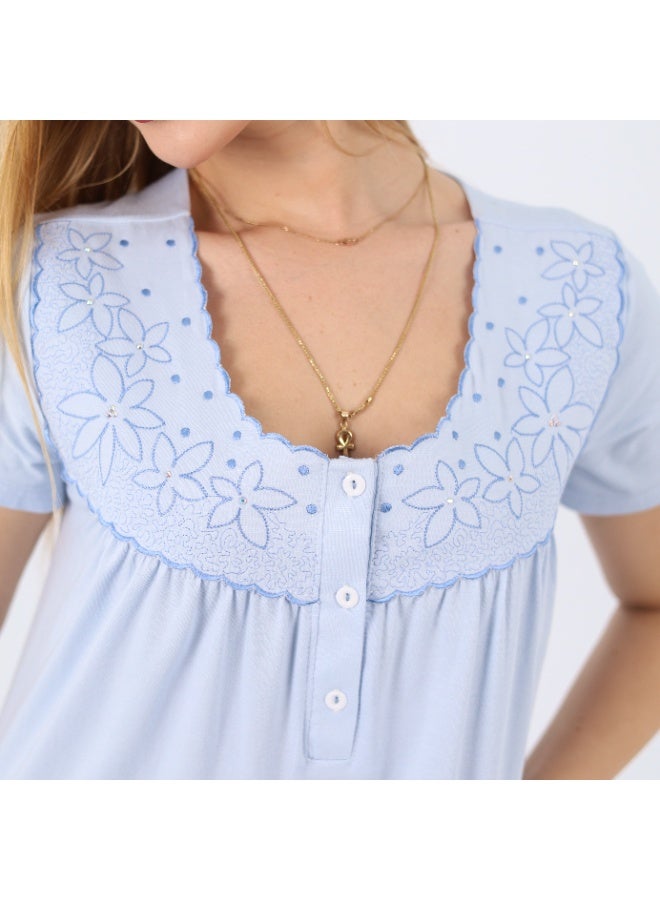 zecotex  Women's 100% Natural Cotton Short Nightgown - Soft Baby Blue with Floral Embroidery & Front Buttons. - Image 2
