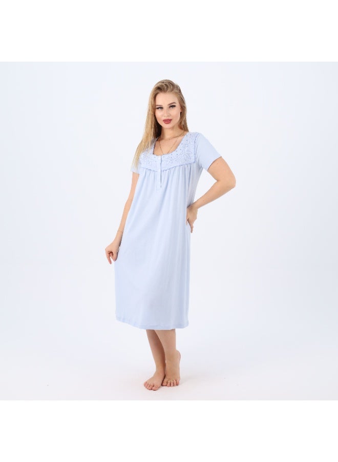 zecotex  Women's 100% Natural Cotton Short Nightgown - Soft Baby Blue with Floral Embroidery & Front Buttons. - Image 1