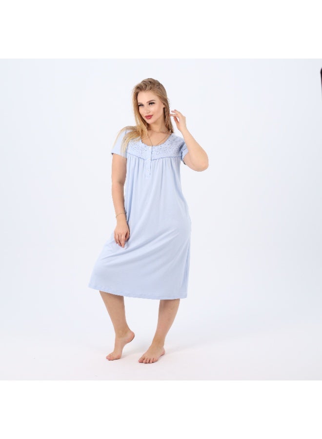 zecotex  Women's 100% Natural Cotton Short Nightgown - Soft Baby Blue with Floral Embroidery & Front Buttons. - Image 3