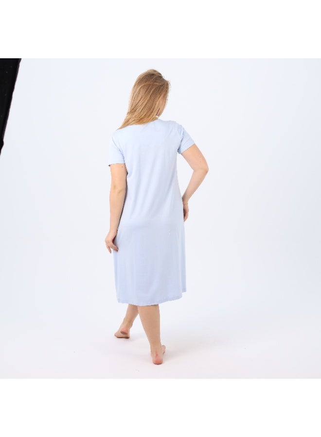 zecotex  Women's 100% Natural Cotton Short Nightgown - Soft Baby Blue with Floral Embroidery & Front Buttons. - Image 4