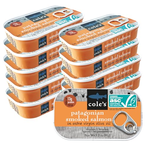 COLE'S COLES SEAFOOD  Hand Packed Smoked Salmon in Extra Virgin Olive Oil Preservative Free Seafood Canned Fish High in Protein 32 oz Can  Pack of 10 - Image 1