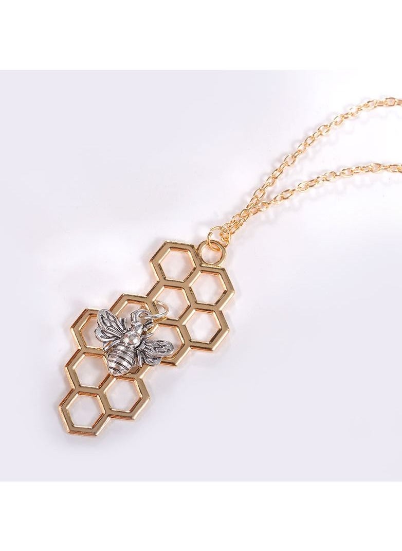 Satinior - Hexagonal Honeycomb and Bee Metal Necklace - Image 1