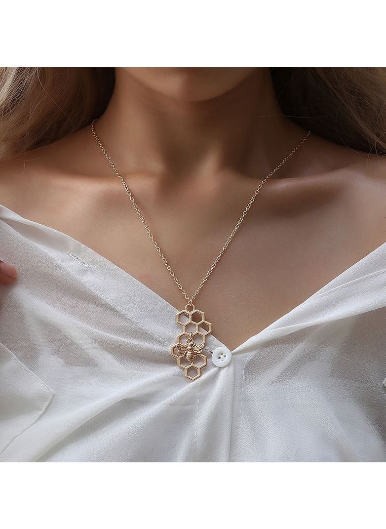 Satinior - Hexagonal Honeycomb and Bee Metal Necklace - Image 1