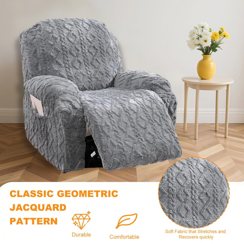 Master Pink 4 Pieces Recliner Chair Covers, Geometric Jacquard Plush Recliner Slipcovers, Couch Sofa Covers, Soft Fuzzy Fluffy Anti-Slip Furniture Protector for Kids Cats Dogs Elastic Bottom (Grey,1 Seat) - Image 4