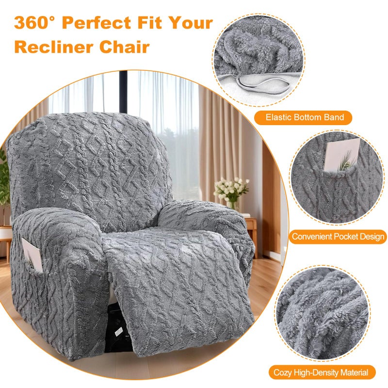 Master Pink 4 Pieces Recliner Chair Covers, Geometric Jacquard Plush Recliner Slipcovers, Couch Sofa Covers, Soft Fuzzy Fluffy Anti-Slip Furniture Protector for Kids Cats Dogs Elastic Bottom (Grey,1 Seat) - Image 3