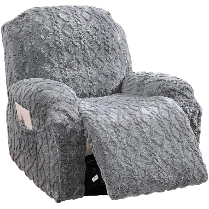 Master Pink 4 Pieces Recliner Chair Covers, Geometric Jacquard Plush Recliner Slipcovers, Couch Sofa Covers, Soft Fuzzy Fluffy Anti-Slip Furniture Protector for Kids Cats Dogs Elastic Bottom (Grey,1 Seat) - Image 1