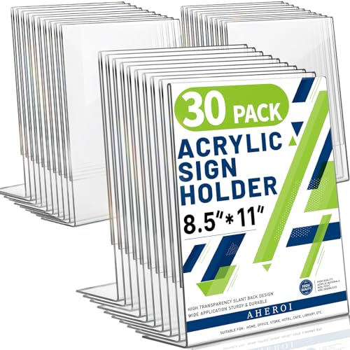 Aheroi Acrylic Sign Holder 8.5 x 11, 30Pcs Plastic Sign Holder 8.5 x 11 Standing, Clear Paper Holders Acrylic Paper Document Holders, Plastic Stands Flyer Display,Office School Table Supplies - Image 1