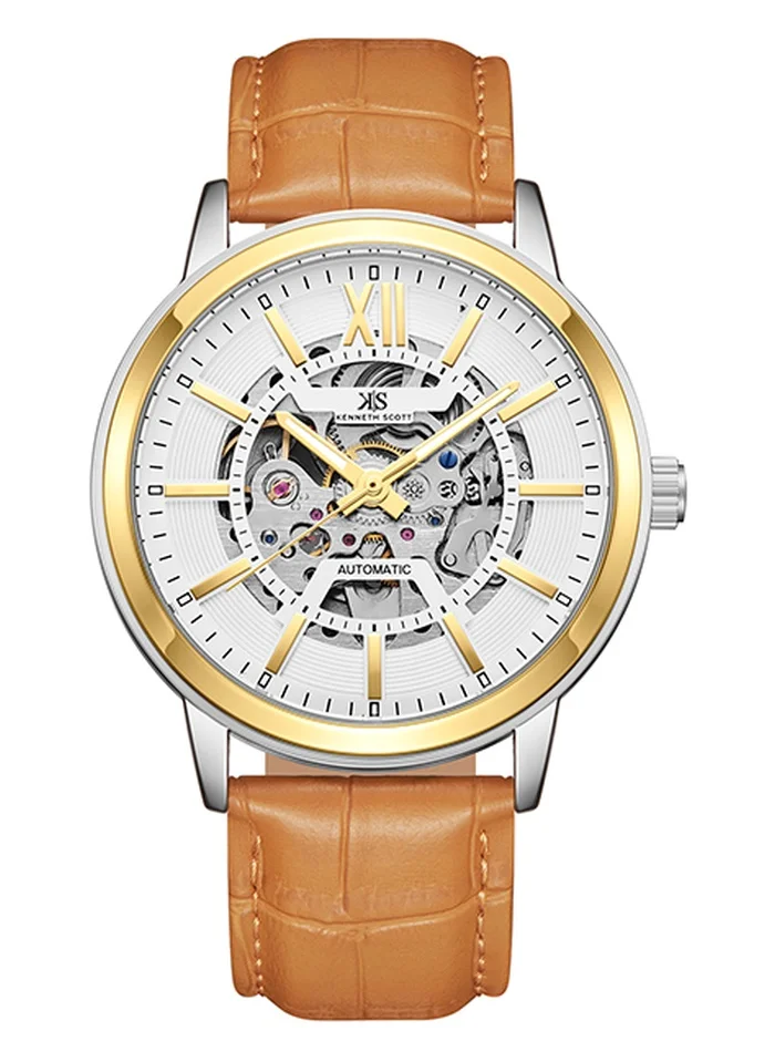 KENNETH SCOTT Kenneth Scott K24323-TLFW Men's Automatic  Display Watch & Leather  Strap Brown
