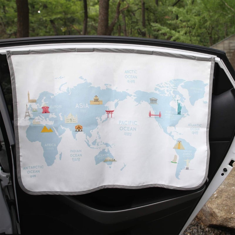bebedeco Magnetic Car Sun Shade Curtain for Side Window – Sun Blocker and UV Protector for Baby, Kids, and Pets – Universal Fit with Built-in Magnets for Steel-Framed Door (Be-Travel Map) - Image 1