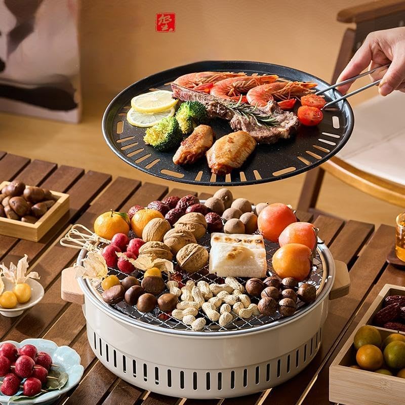 MORPICH Barbecue Grill Pan - Smokeless Korean Style Stainless Steel Non-Stick Grill Rack Basket Pan Frying Sheets for Vegetables Kabobs Seafood, Tea Cooker & Picnic Fire Pit With Charcoal Holder - Image 2