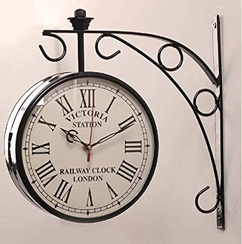 SELLPLUS Black Iron Victoria Station Analog Wall Clock - London Vintage Double Sided Antique Clock 10 Inch - Image 1