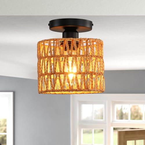KENMI Ceiling Light Fixture,Hand-Woven Rattan Flush Mount Ceiling Light,Farmhouse Light Fixtures Ceiling Mount Boho for Hallway Bedroom Kitchen Entryway Living Room - Image 2