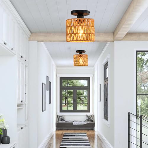 KENMI Ceiling Light Fixture,Hand-Woven Rattan Flush Mount Ceiling Light,Farmhouse Light Fixtures Ceiling Mount Boho for Hallway Bedroom Kitchen Entryway Living Room - Image 4