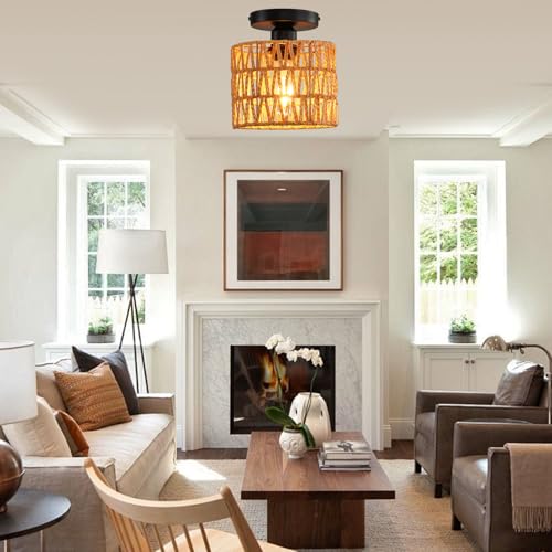 KENMI Ceiling Light Fixture,Hand-Woven Rattan Flush Mount Ceiling Light,Farmhouse Light Fixtures Ceiling Mount Boho for Hallway Bedroom Kitchen Entryway Living Room - Image 3