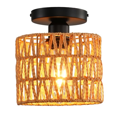 KENMI Ceiling Light Fixture,Hand-Woven Rattan Flush Mount Ceiling Light,Farmhouse Light Fixtures Ceiling Mount Boho for Hallway Bedroom Kitchen Entryway Living Room - Image 1