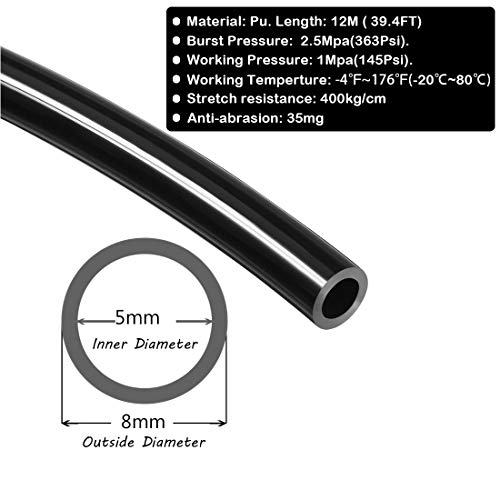 Beduan 8mm x 5mm Black Pneumatic Tubing Pipe PU Polyurethane Air Compressor Tubing Hose Pipe Line Fluid Transfer 39.4ft 12 Meter - Image 2