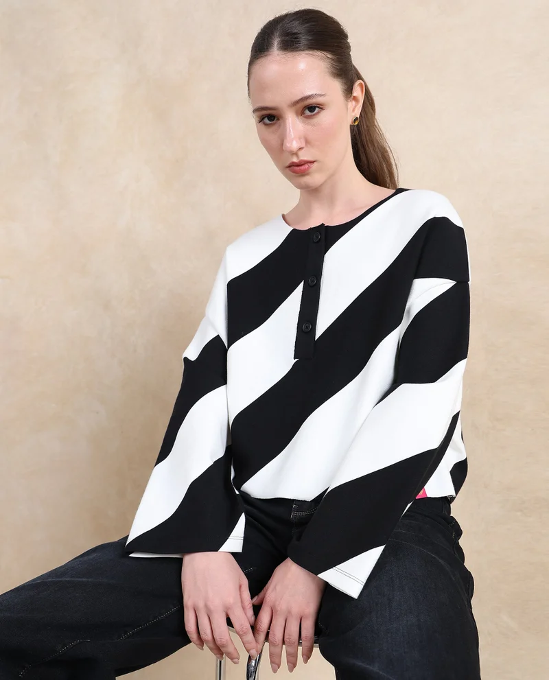 Rareism Women's Diagonal Striped Knit Top
