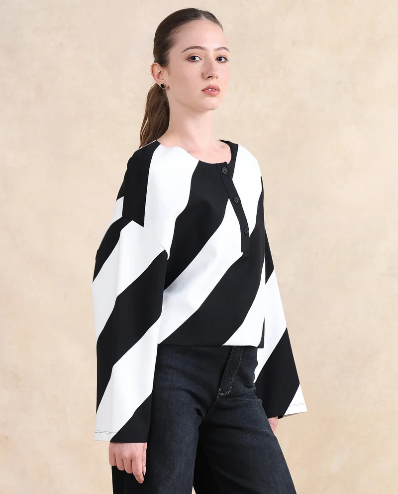 Rareism Women's Diagonal Striped Knit Top
