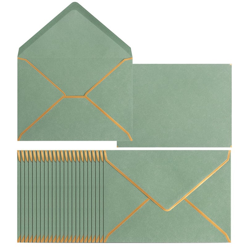 Homtable 50 Pack Sage Green A7 Envelopes 5 x 7 Self-Adhesive V Flap Envelopes with Gold Border for Office, Greeting Card, Wedding, Graduation, Baby Shower, Parties, Invitations (Sage Green, 5x7) - Image 1
