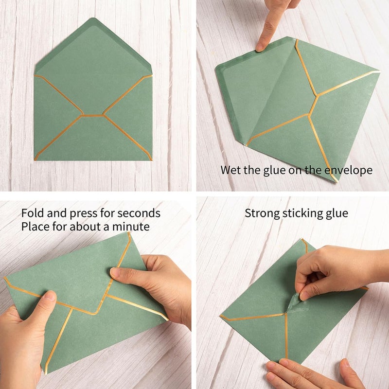 Homtable 50 Pack Sage Green A7 Envelopes 5 x 7 Self-Adhesive V Flap Envelopes with Gold Border for Office, Greeting Card, Wedding, Graduation, Baby Shower, Parties, Invitations (Sage Green, 5x7) - Image 3