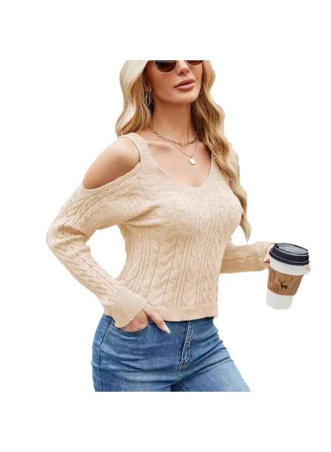 Song Feng Ya Women's Clothing Autumn New Strapless Off-shoulder Knitted Sweater Solid Color Long Sleeve Cable Knit Women's Sweater - Image 5