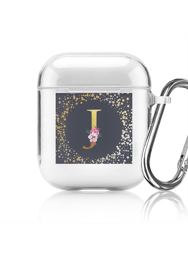 Stylizedd Classic Clear printed Case for Apple Airpods 2 / 1 Soft TPU Gel Thin Transparent Flexible Cover - Custom Monogram Initial Letter Floral Pattern Alphabet - J (Grey ) - Image 1