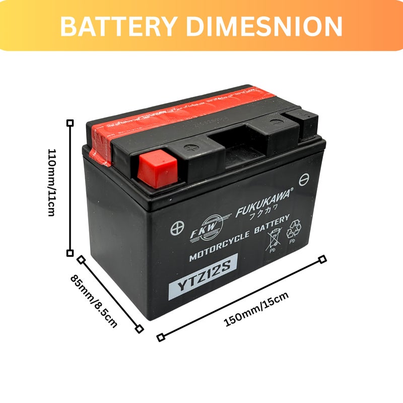 FUKUKAWA YTZ12-S Motorcycle Battery 12V 12Ah | Conventional Lead-Acid with 6 Pack Sulfuric Electrolyte | Reliable Power for Motorbike, Scooter, ATV, Jet Ski - Image 2