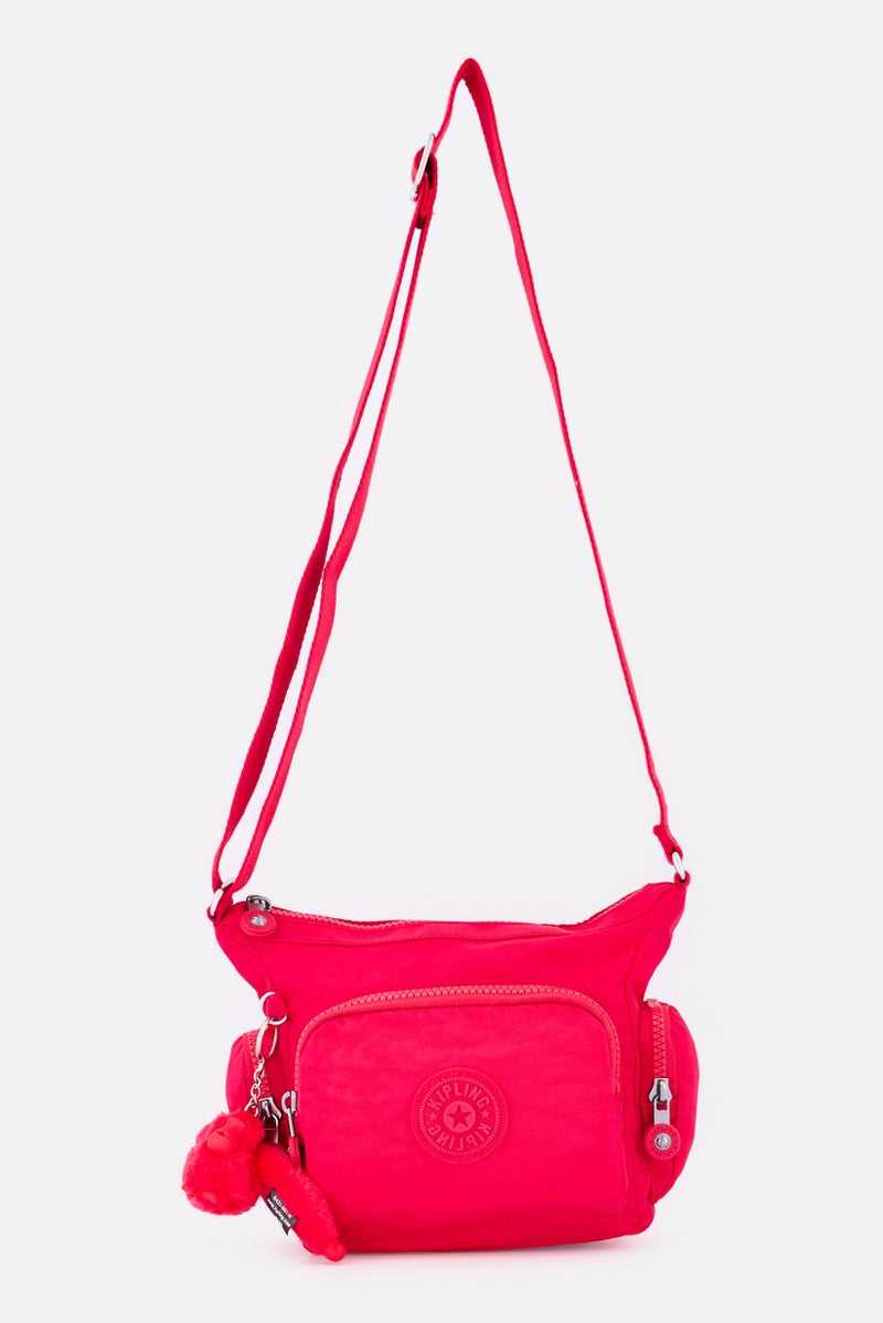 kipling حقيبة كتف نسائية بشعار العلامة التجارية مع حلقة مفاتيح، وردي داكن - Image 1