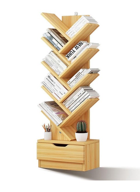 Tree Bookshelf with Drawer, 8 Tier Wooden Bookcase Display Shelf, Modern Book Storage Free Standing Tree Bookcase Tall Narrow Corner Shelves for Home Office, Living Room, Bedroom