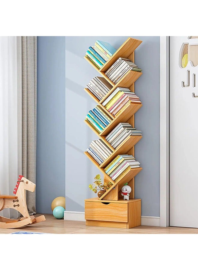 Tree Bookshelf with Drawer, 8 Tier Wooden Bookcase Display Shelf, Modern Book Storage Free Standing Tree Bookcase Tall Narrow Corner Shelves for Home Office, Living Room, Bedroom