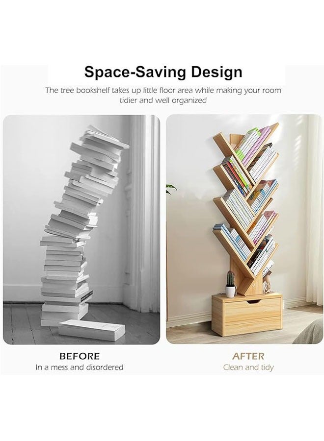 Tree Bookshelf with Drawer, 8 Tier Wooden Bookcase Display Shelf, Modern Book Storage Free Standing Tree Bookcase Tall Narrow Corner Shelves for Home Office, Living Room, Bedroom