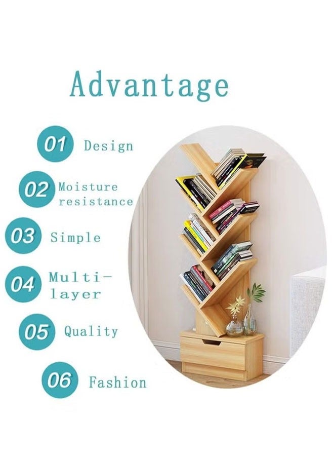 Tree Bookshelf with Drawer, 8 Tier Wooden Bookcase Display Shelf, Modern Book Storage Free Standing Tree Bookcase Tall Narrow Corner Shelves for Home Office, Living Room, Bedroom