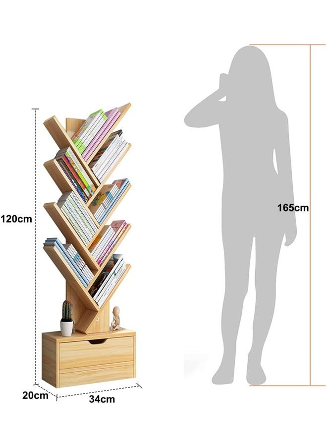 Tree Bookshelf with Drawer, 8 Tier Wooden Bookcase Display Shelf, Modern Book Storage Free Standing Tree Bookcase Tall Narrow Corner Shelves for Home Office, Living Room, Bedroom