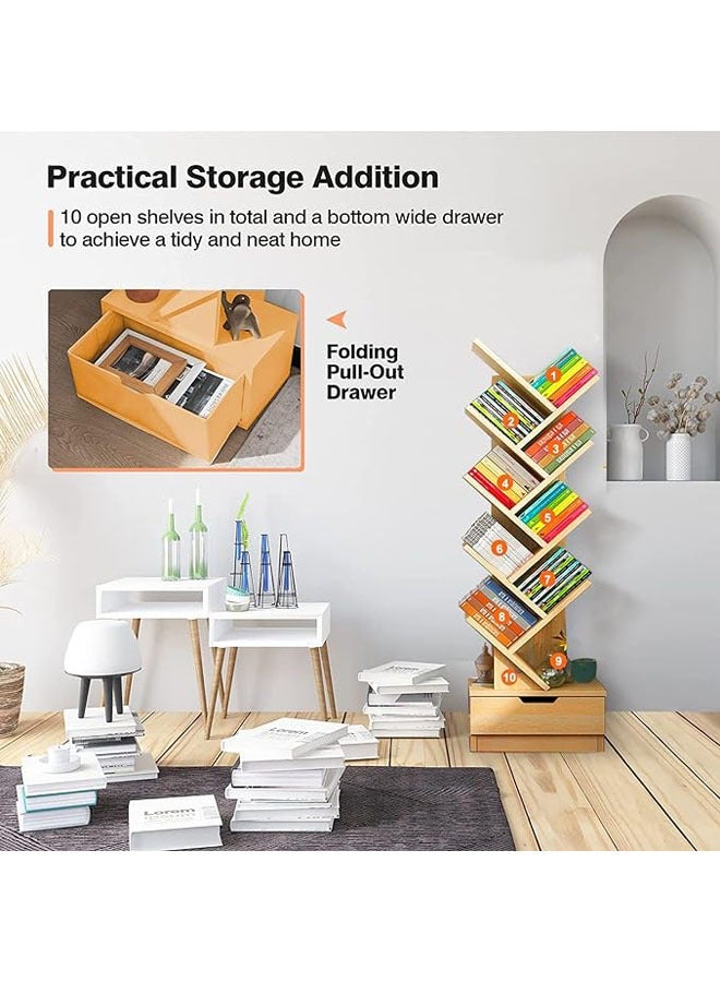 Tree Bookshelf with Drawer, 8 Tier Wooden Bookcase Display Shelf, Modern Book Storage Free Standing Tree Bookcase Tall Narrow Corner Shelves for Home Office, Living Room, Bedroom