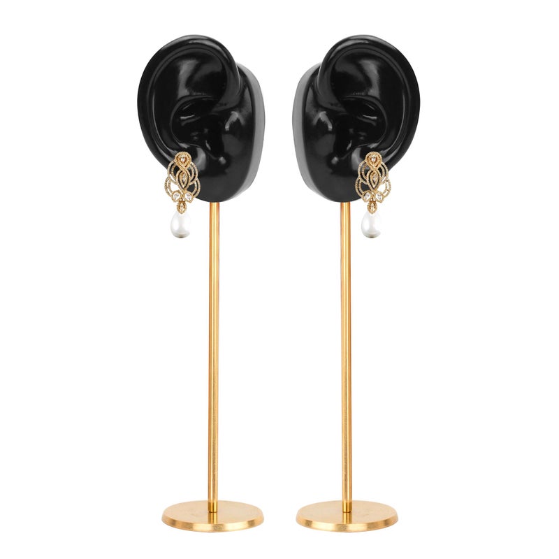 Marsrut Ear Shaped Piercing Stud Holder Earring Display Stand Copper Round Base Silicone Body Mannequin Model Organizer Navel Rack for Girl Women Shows Jewelry Birthday Wedding Decor LeftRight Black - Image 2