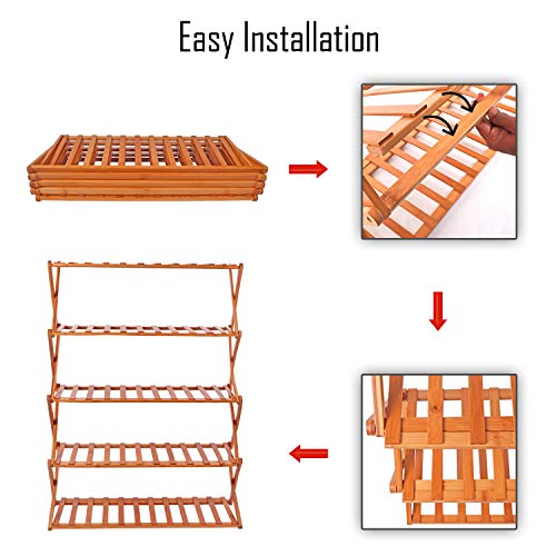 Livzing 5-Tier Foldable Bamboo Wooden Shoe Racks | Collapsible Multipurpose Rack for Storage Entryway Furniture Rack | Shelf Organizer for Home and Kitchen | Slipper Stand Chappal Storage Organizer - Image 5