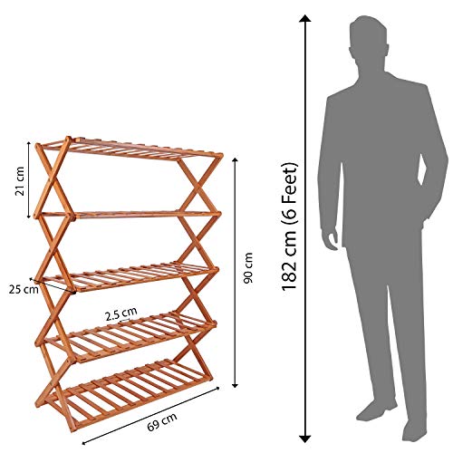 Livzing 5-Tier Foldable Bamboo Wooden Shoe Racks | Collapsible Multipurpose Rack for Storage Entryway Furniture Rack | Shelf Organizer for Home and Kitchen | Slipper Stand Chappal Storage Organizer - Image 2